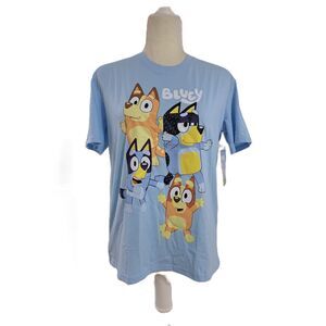 Bluey BBC Studios Women's Family Portrait Graphic Tee Blue Shirt Sz Medium